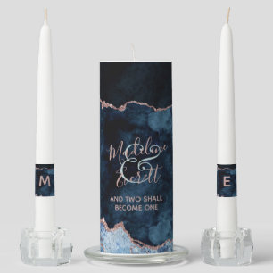 Navy Blue Rose Gold Marble Agate Wedding Monogram Unity Candle Set