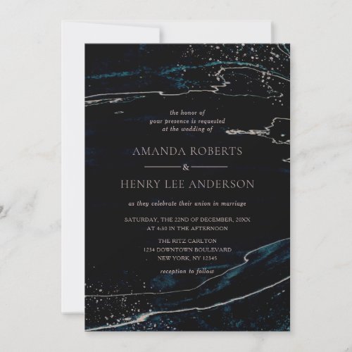 Navy Blue  Rose Gold Marble Artsy Wedding Invitation