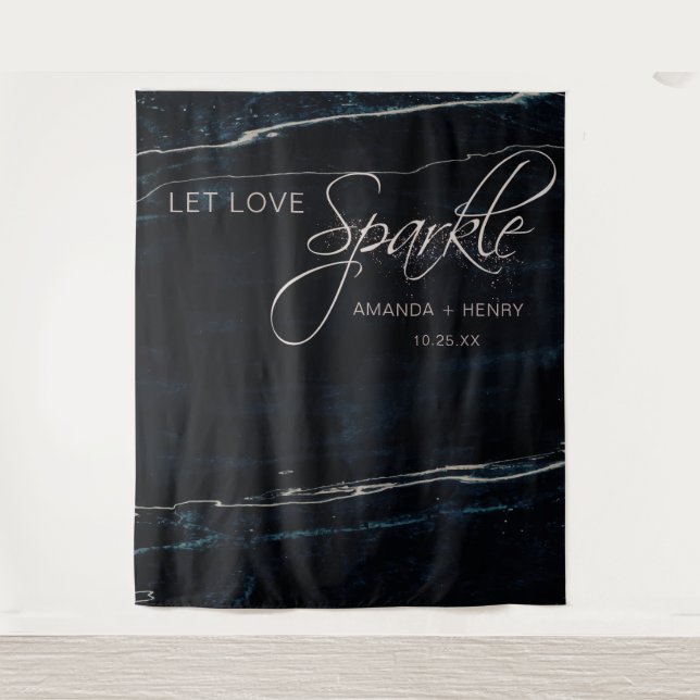 Navy Blue & Rose Gold Marble Artsy Wedding Tapestry (Front)