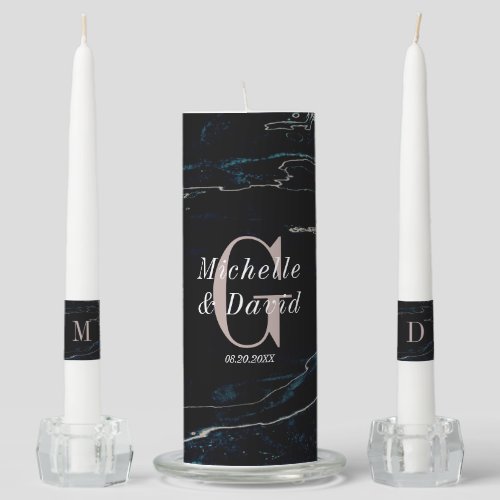 Navy Blue  Rose Gold Marble Artsy Wedding Unity Candle Set