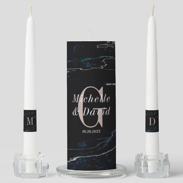 Navy Blue & Rose Gold Marble Artsy Wedding Unity Candle Set (Front)