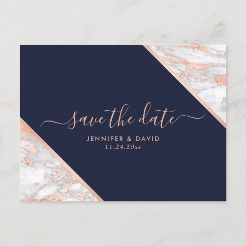 Navy Blue Rose Gold Marble Wedding Save The Date Announcement Postcard