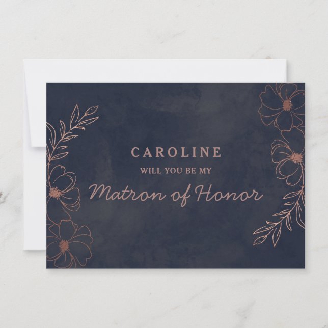 Navy Blue Rose Gold Matron of Honor Proposal Card (Front)