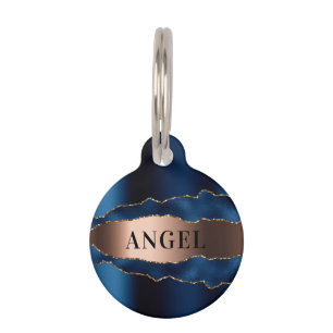 Navy blue rose gold metal agate marble name pet ID tag