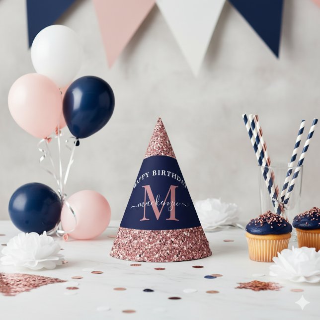 Navy Blue Rose Gold Monogram Birthday Party Hat (Navy Blue Rose Gold Glitter Monogram Birthday Party Hat)