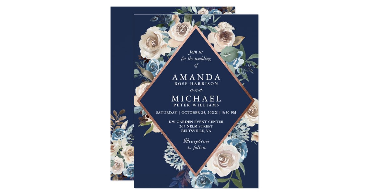 Navy Blue Rose Gold Neutral Floral Wedding Invitation | Zazzle.com