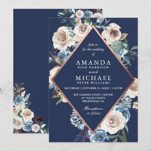 Navy Blue Rose Gold Neutral Floral Wedding Invitation