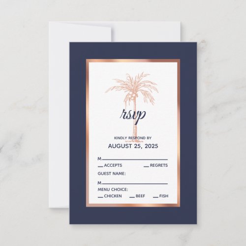 Navy Blue Rose Gold Palm Tree Beach Wedding RSVP Card