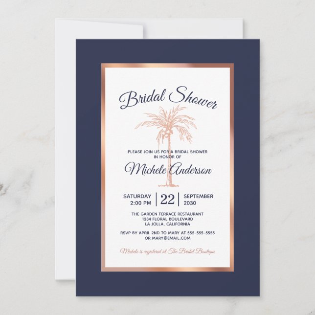 Navy Blue Rose Gold Palm Tree Modern Bridal Shower Invitation (Front)