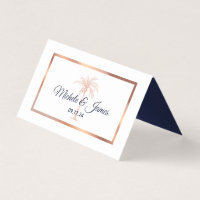 Navy Blue Rose Gold Palm Tree Modern Wedding Place Card