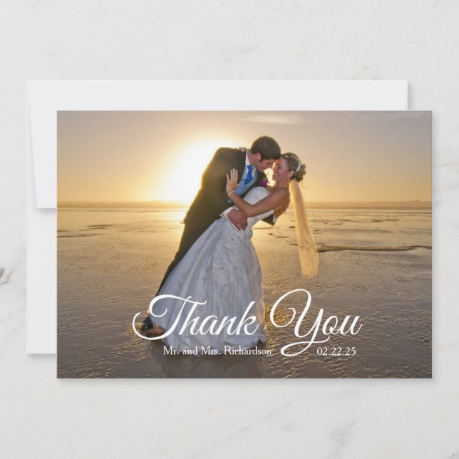 Navy Blue Rose Gold Palm Tree Wedding Photo Thank You Card (Front)