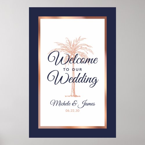 Navy Blue Rose Gold Palm Wedding Welcome Poster