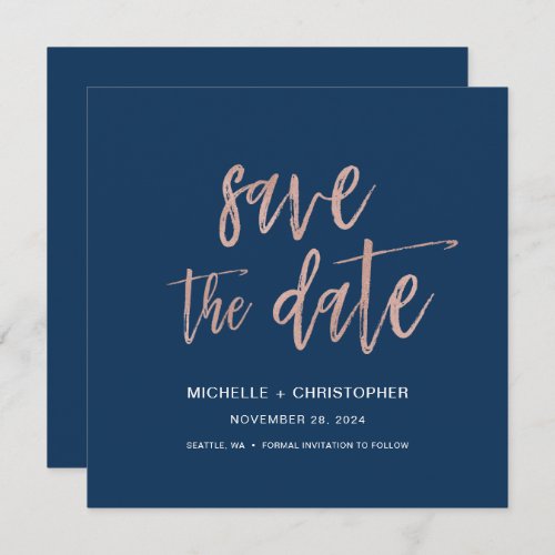 Navy Blue  Rose Gold Save The Date Square Card