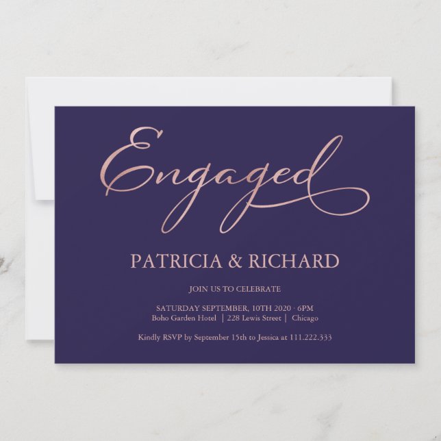 Navy Blue Rose Gold Script Engagement Party Invitation (Front)