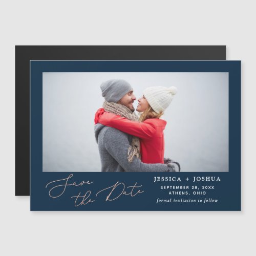 Navy Blue  Rose Gold Script Photo Save the Date Magnetic Invitation