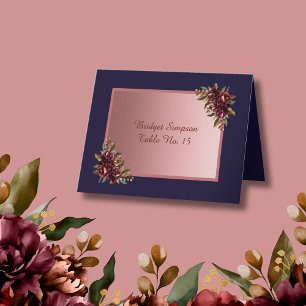 Navy Blue Rose Gold script pink Floral Guest Card
