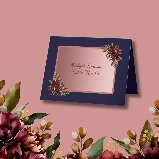 Navy Blue Rose Gold script  pink Floral Guest Card (Creator Uploaded)