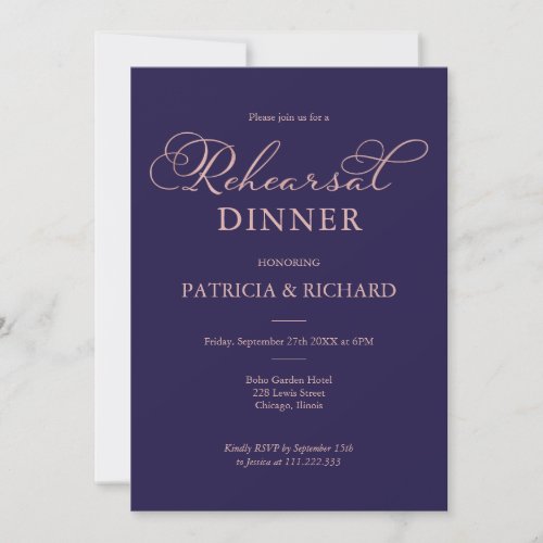 Navy Blue Rose Gold Script Rehearsal Dinner Invitation