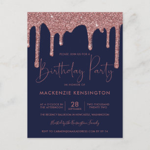 Navy Blue Rose Gold Sparkle Glitter Drips Birthday Postcard