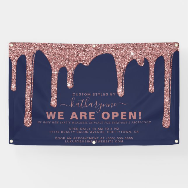 Navy Blue Rose Gold Sparkle Glitter Drips Business Banner (Horizontal)