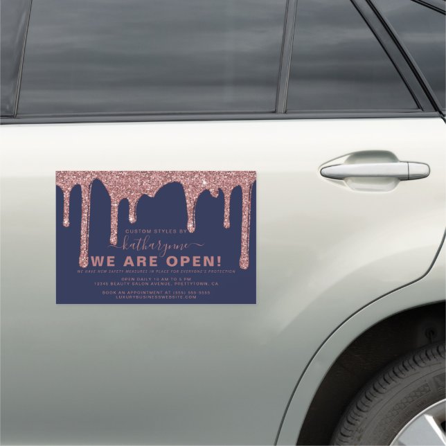 Navy Blue Rose Gold Sparkle Glitter Drips Business Car Magnet (In Situ)