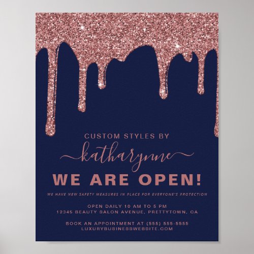 Navy Blue Rose Gold Sparkle Glitter Drips Business Poster