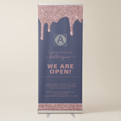 Navy Blue Rose Gold Sparkle Glitter Drips Business Retractable Banner