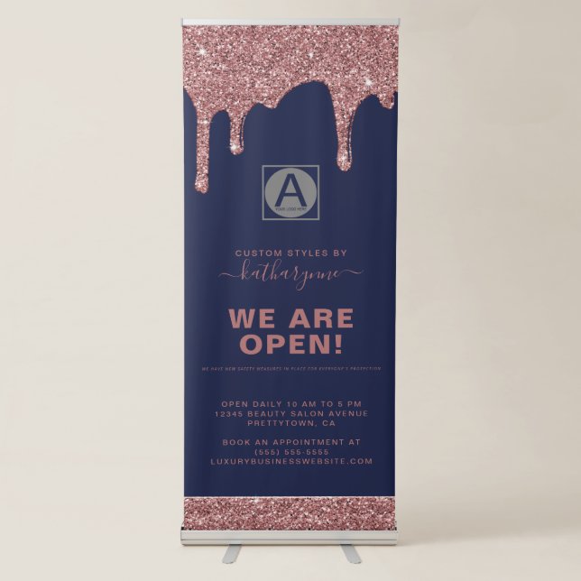 Navy Blue Rose Gold Sparkle Glitter Drips Business Retractable Banner (Front)