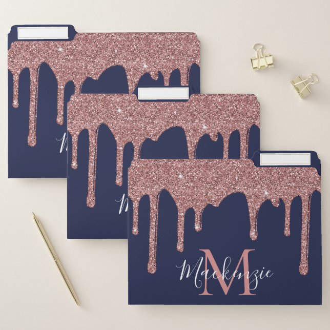 Navy Blue Rose Gold Sparkle Glitter Drips Monogram File Folder (Set)