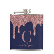 Navy Blue Rose Gold Sparkle Glitter Drips Monogram Flask Navy Blue Rose Gold Sparkle Glitter Drips Monogram Flask