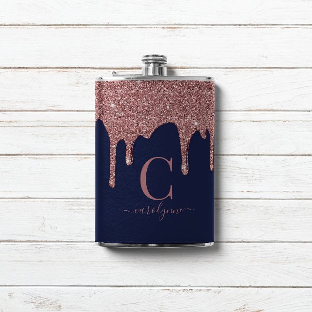 Navy Blue Rose Gold Sparkle Glitter Drips Monogram Flask (Creator Uploaded)