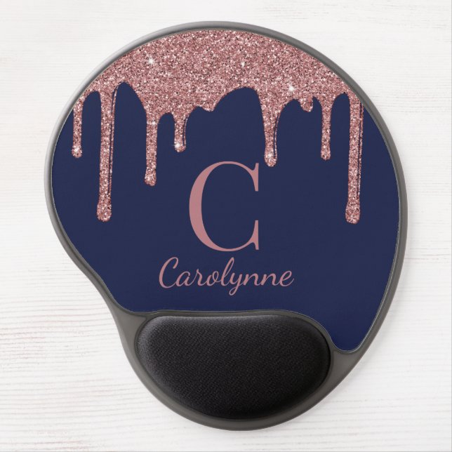 Navy Blue Rose Gold Sparkle Glitter Drips Monogram Gel Mouse Pad (Front)