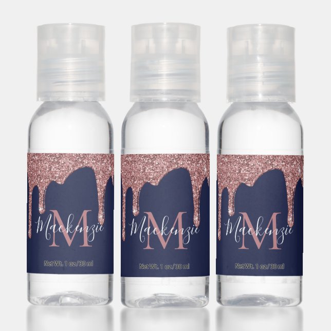 Navy Blue Rose Gold Sparkle Glitter Drips Monogram Hand Sanitizer (Set)