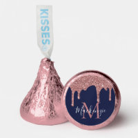 Navy Blue Rose Gold Sparkle Glitter Drips Monogram
