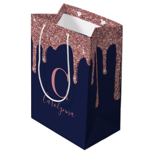 Navy Blue Rose Gold Sparkle Glitter Drips Monogram Medium Gift Bag