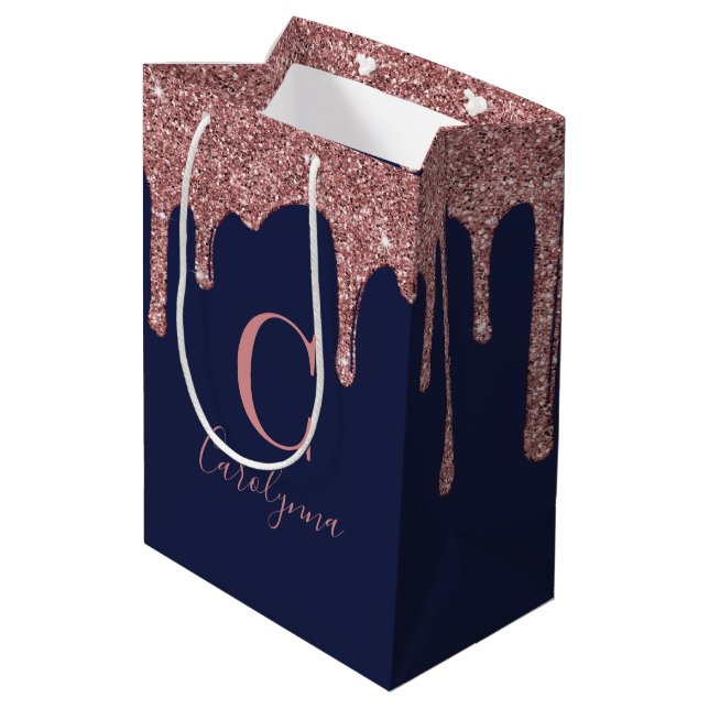 Navy Blue Rose Gold Sparkle Glitter Drips Monogram Medium Gift Bag (Back Angled)