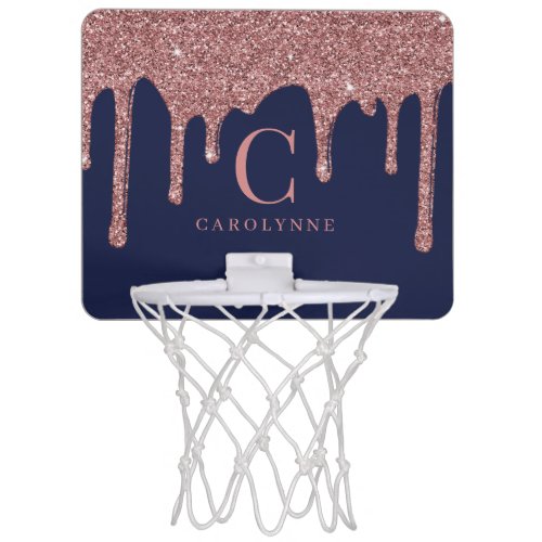 Navy Blue Rose Gold Sparkle Glitter Drips Monogram Mini Basketball Hoop