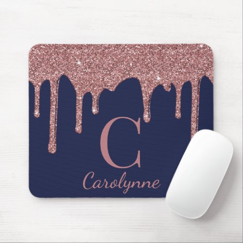 Navy Blue Rose Gold Sparkle Glitter Drips Monogram Mouse Pad