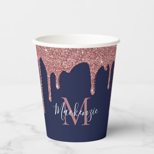 Navy Blue Rose Gold Sparkle Glitter Drips Monogram Paper Cups