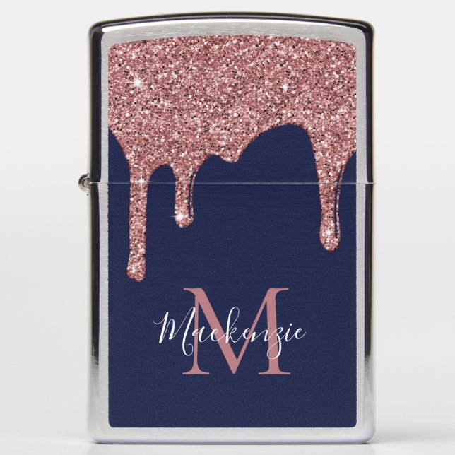 Navy Blue Rose Gold Sparkle Glitter Drips Monogram Zippo Lighter (Front)