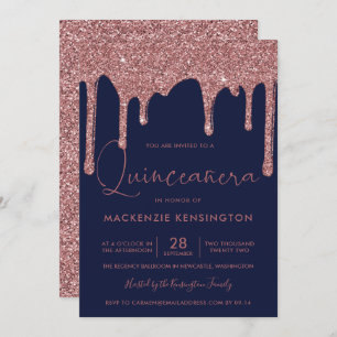 Navy Blue Rose Gold Sparkle Glitter Drips Quince Invitation