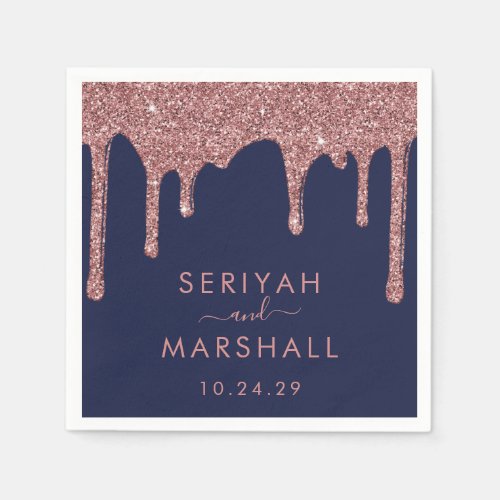 Navy Blue Rose Gold Sparkle Glitter Drips Wedding Napkins