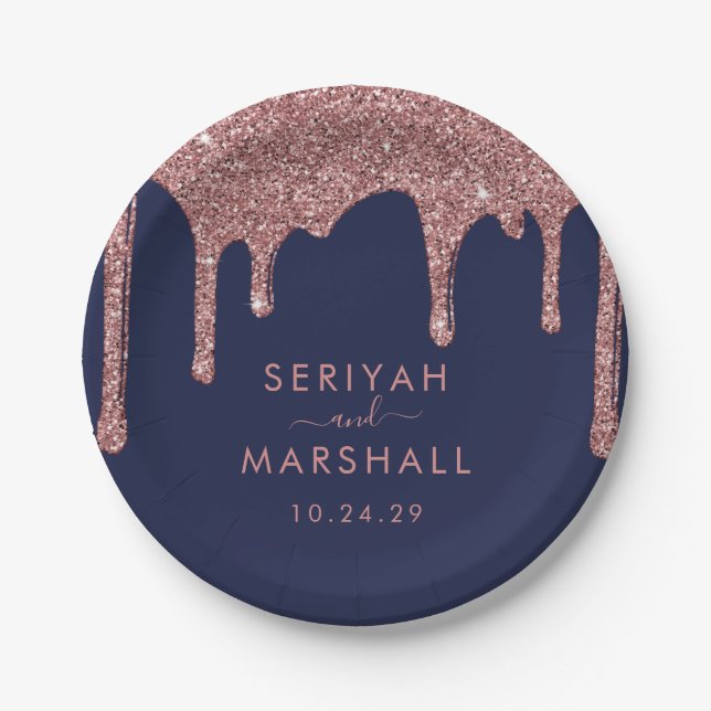 Navy Blue Rose Gold Sparkle Glitter Drips Wedding Paper Plates (Front)