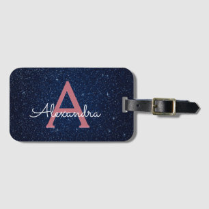 Navy Blue & Rose Gold Sparkle Glitter Monogram Luggage Tag