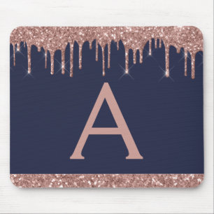 Navy Blue Rose Gold Sparkle Glitter Monogram Mouse Pad