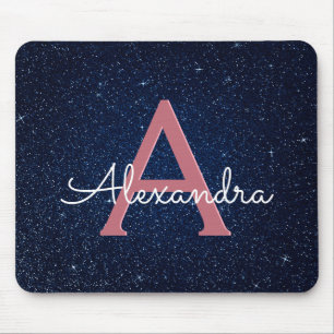 Navy Blue & Rose Gold Sparkle Glitter Monogram Mouse Pad