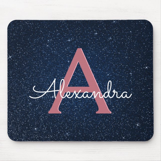 Navy Blue & Rose Gold Sparkle Glitter Monogram Mouse Pad (Front)