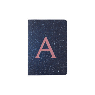 Navy Blue & Rose Gold Sparkle Glitter Monogram Passport Holder