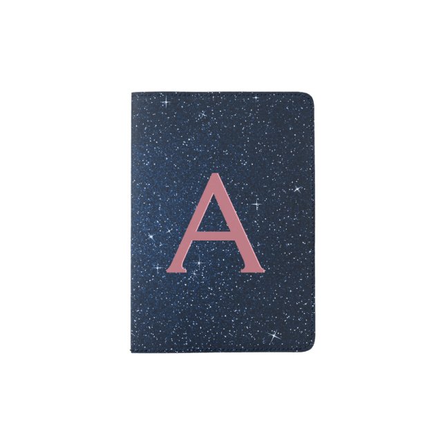 Navy Blue & Rose Gold Sparkle Glitter Monogram Passport Holder (Front)
