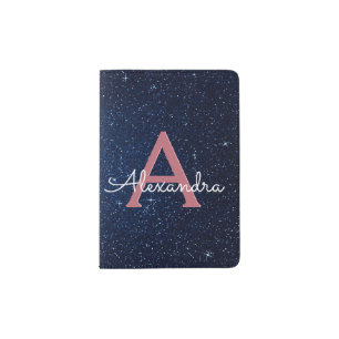Navy Blue & Rose Gold Sparkle Glitter Monogram Passport Holder